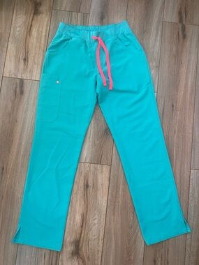 Figs Teal Straight-Leg Scrub Pants with Pink Drawstring Medical Dental contrast